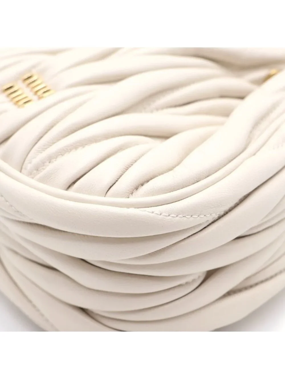 Miu Miu Matelasse Drawstring Pouch Mini Handbag White Leather Gold